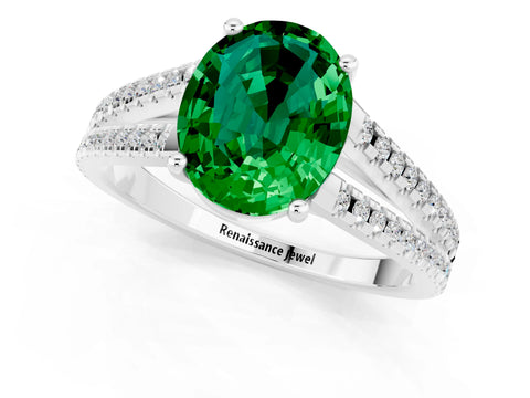 White gold Oval Cut Emerald Solitaire Engagement Ring with Split Shank Pavé Band_1