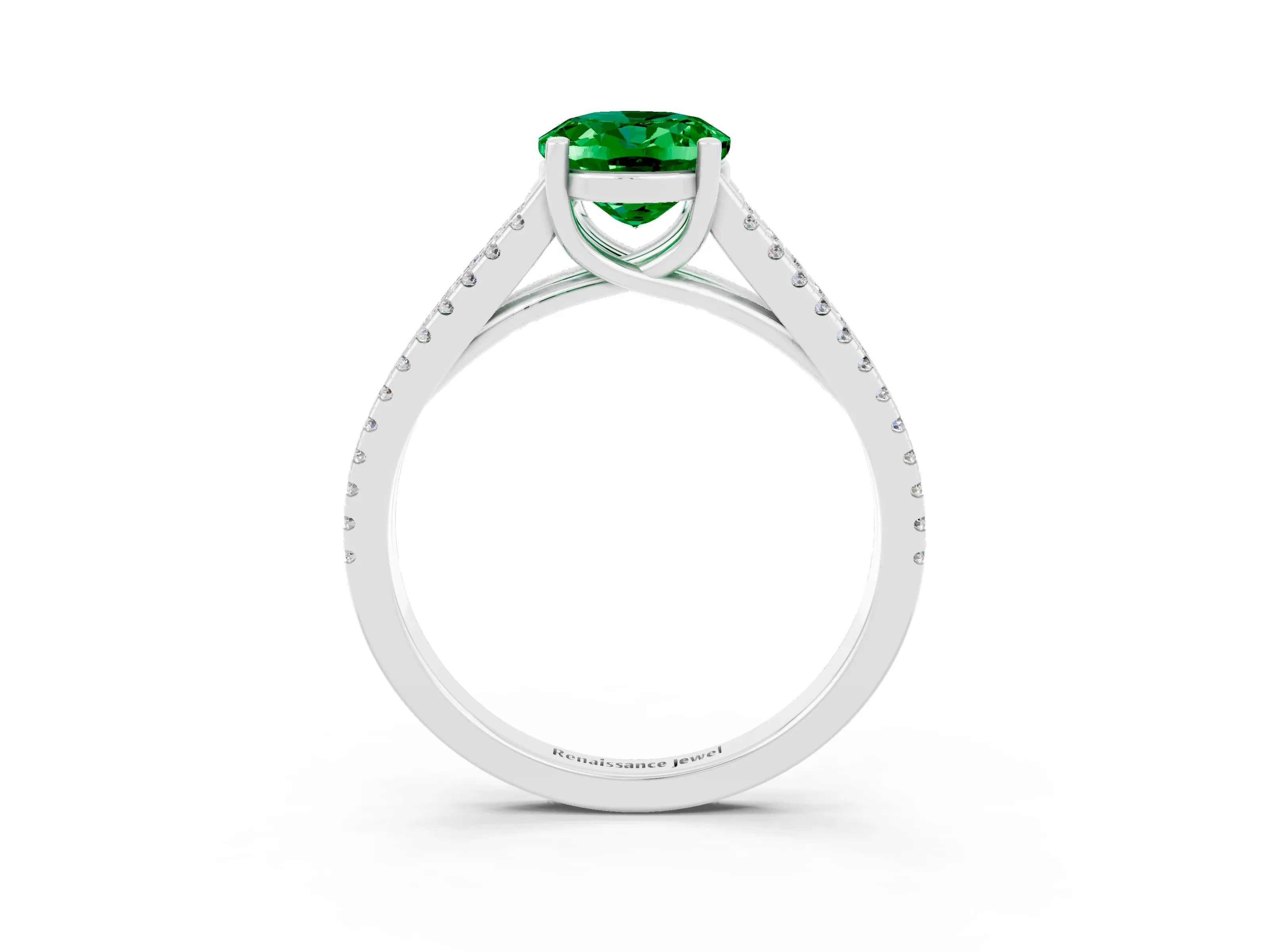 White gold Oval Cut Emerald Solitaire Engagement Ring with Split Shank Pavé Band_3