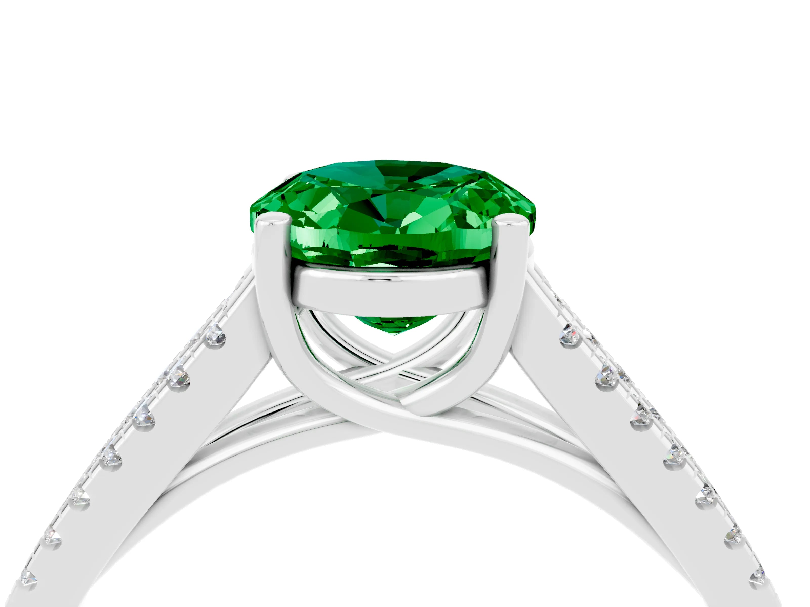 White gold Oval Cut Emerald Solitaire Engagement Ring with Split Shank Pavé Band_4