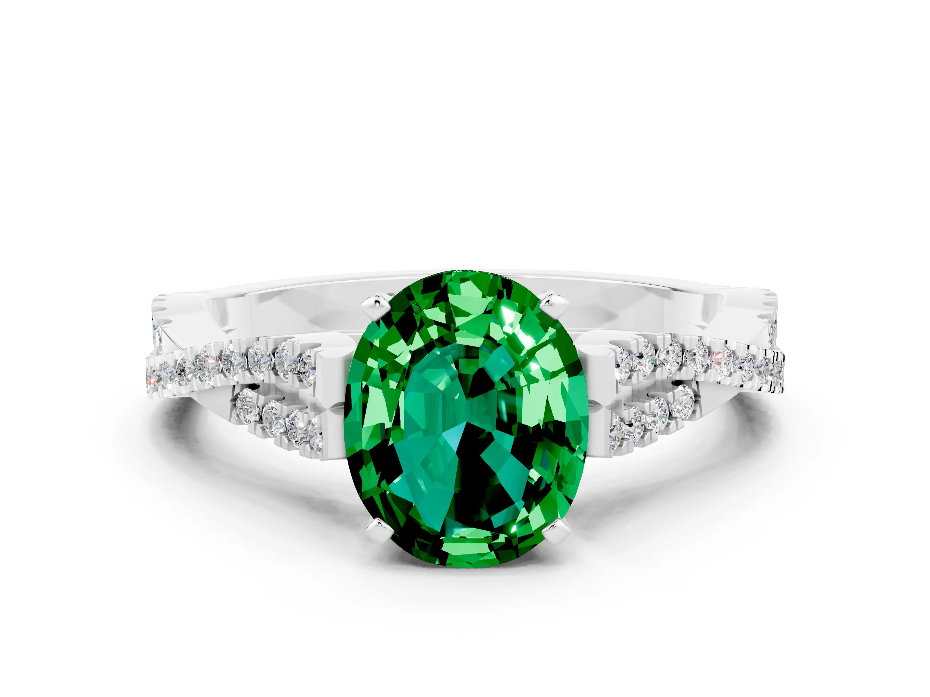 White gold Oval Cut Emerald Solitaire Engagement Ring with Twisted Pavé Band and Four-Prong Setting
