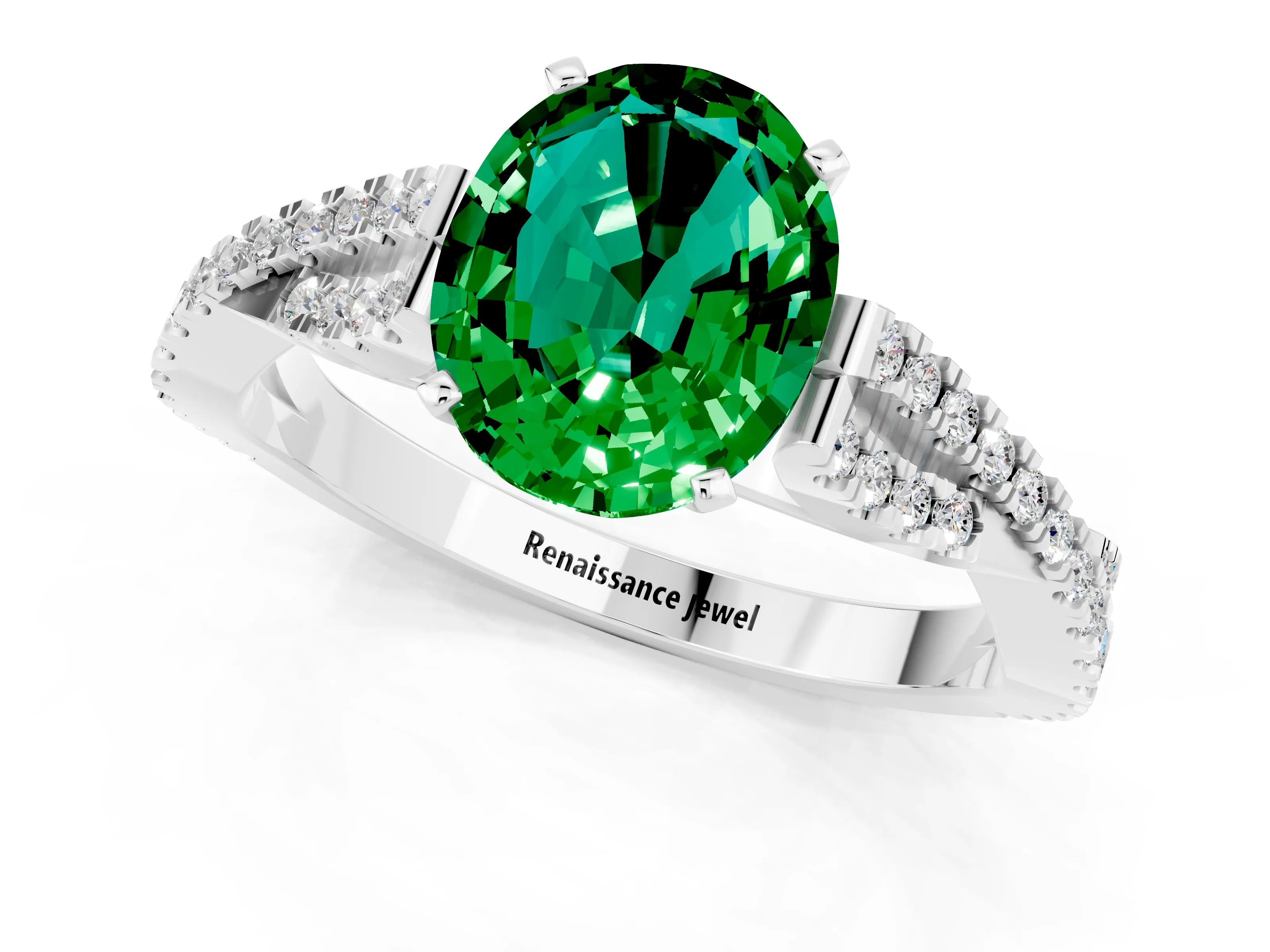 White gold Oval Cut Emerald Solitaire Engagement Ring with Twisted Pavé Band and Four-Prong Setting_1