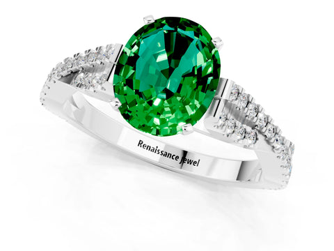 White gold Oval Cut Emerald Solitaire Engagement Ring with Twisted Pavé Band and Four-Prong Setting_1