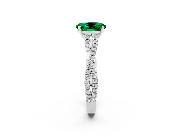 White gold Oval Cut Emerald Solitaire Engagement Ring with Twisted Pavé Band and Four-Prong Setting