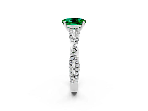 White gold Oval Cut Emerald Solitaire Engagement Ring with Twisted Pavé Band and Four-Prong Setting_2