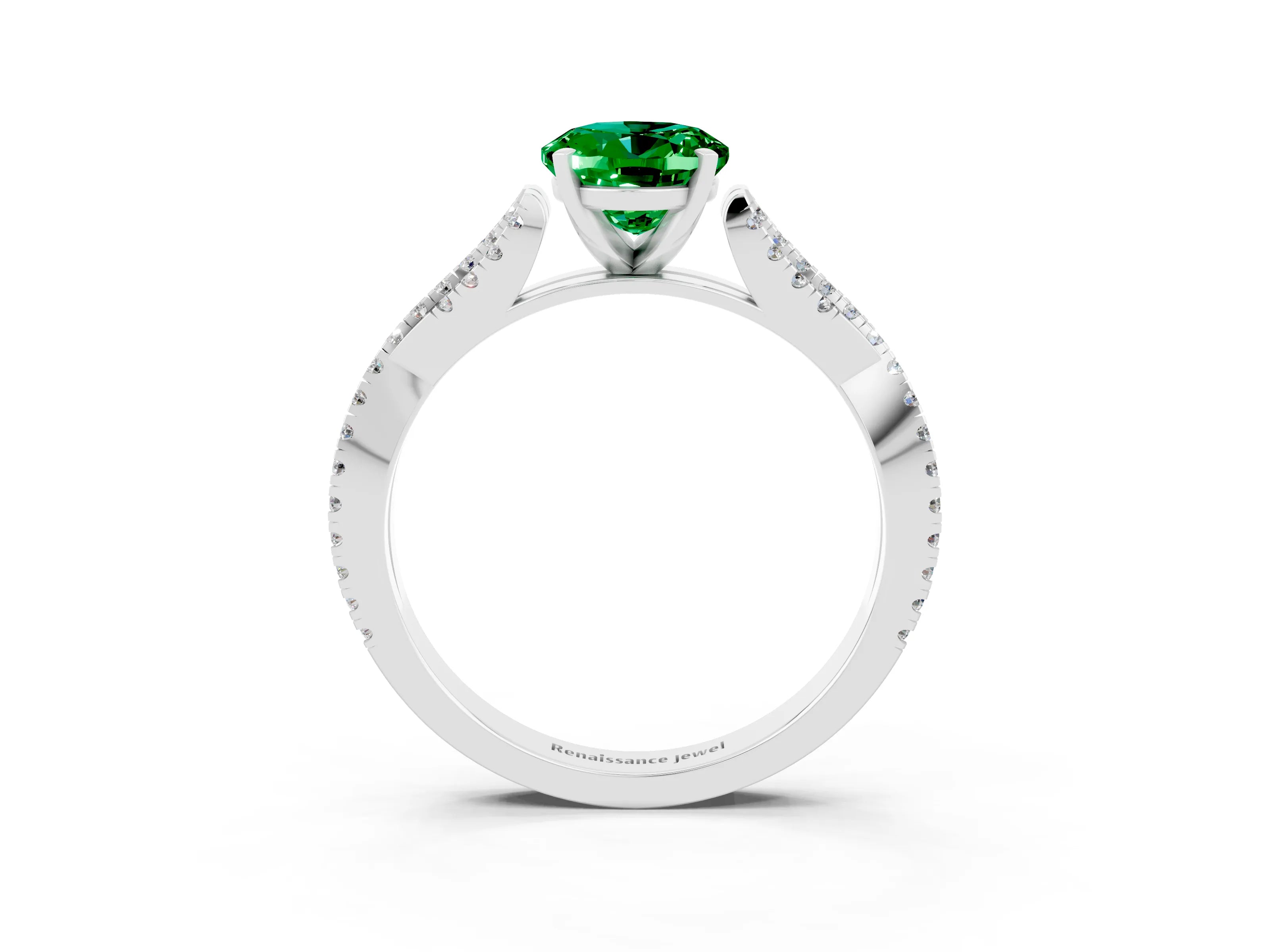 White gold Oval Cut Emerald Solitaire Engagement Ring with Twisted Pavé Band and Four-Prong Setting_3