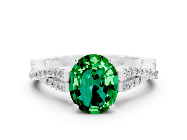 White gold Oval Cut Emerald Solitaire Engagement Ring with Twisted Pavé Band and Four-Prong Setting