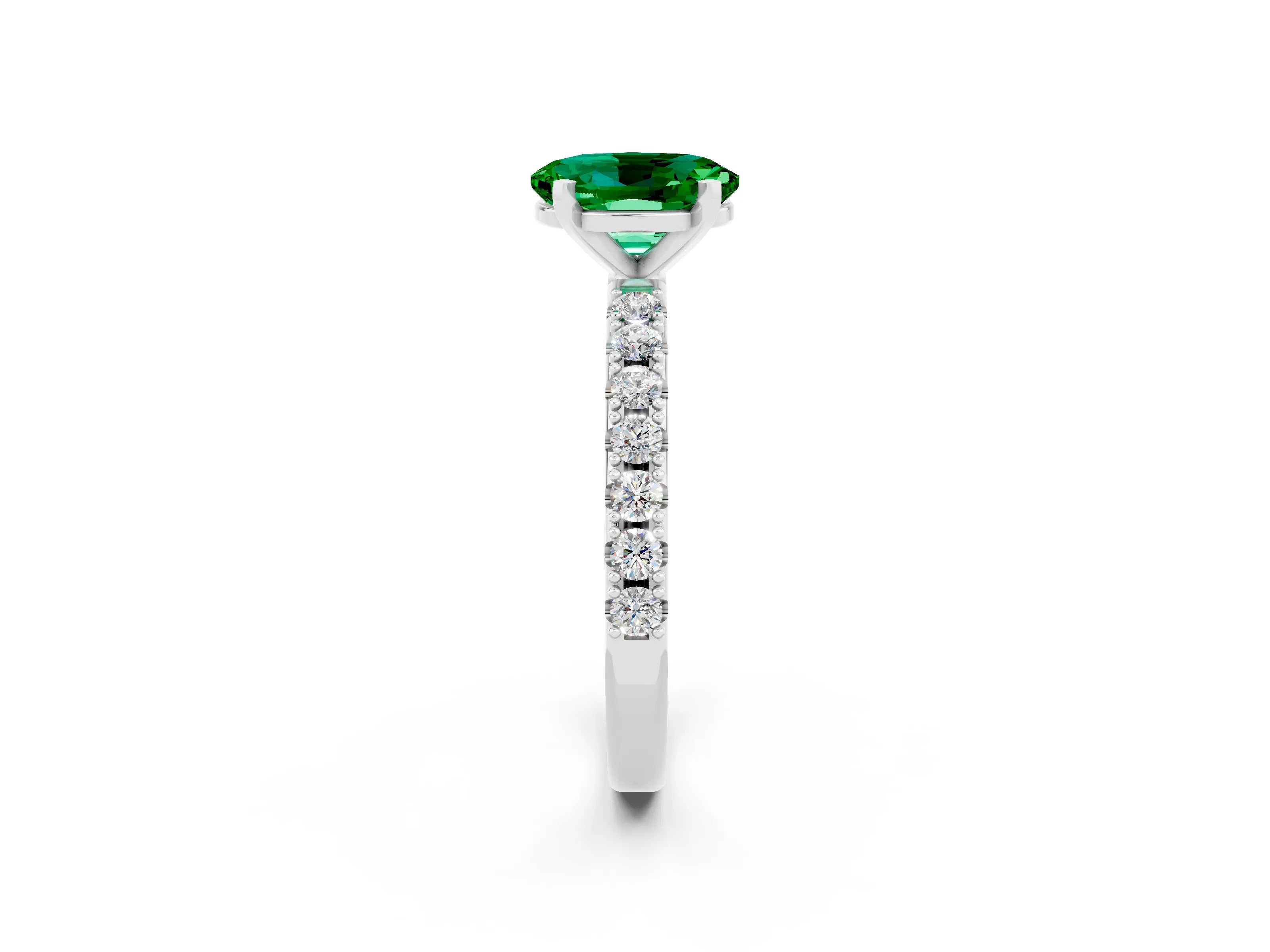 White gold Oval Cut Emerald Solitaire Pavé Band with Four-Prong Setting_2