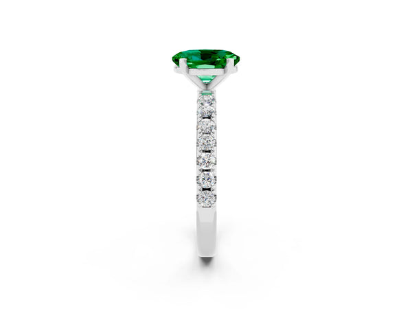 Silver Oval Cut Emerald Solitaire Pavé Band with Four-Prong Setting