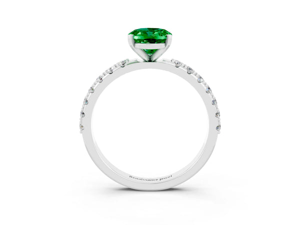 Silver Oval Cut Emerald Solitaire Pavé Band with Four-Prong Setting