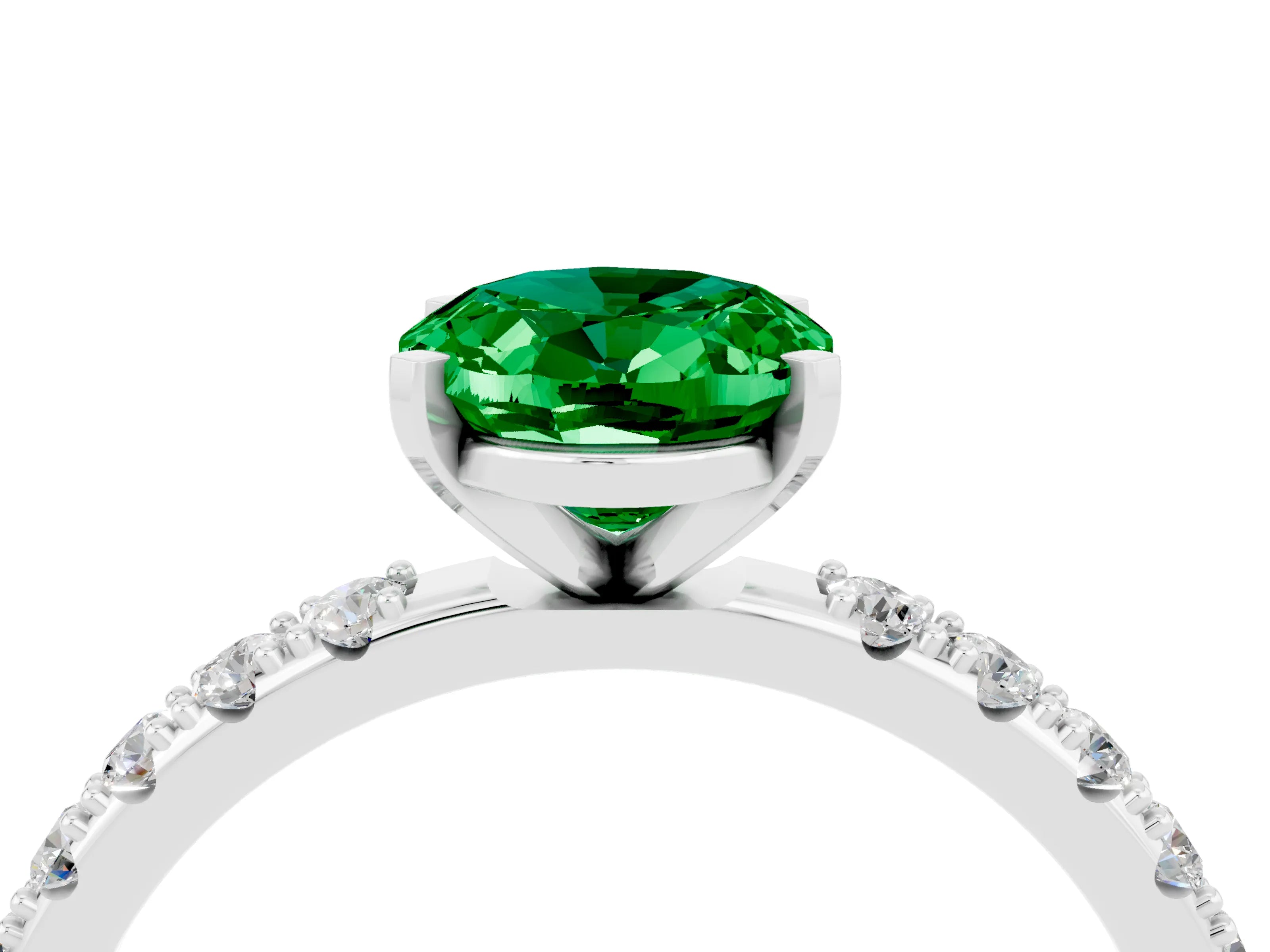 White gold Oval Cut Emerald Solitaire Pavé Band with Four-Prong Setting_4