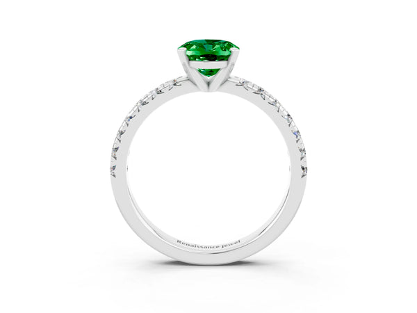 Silver Oval Cut Emerald Solitaire Pavé Engagement Ring with Round Band and Prong Setting