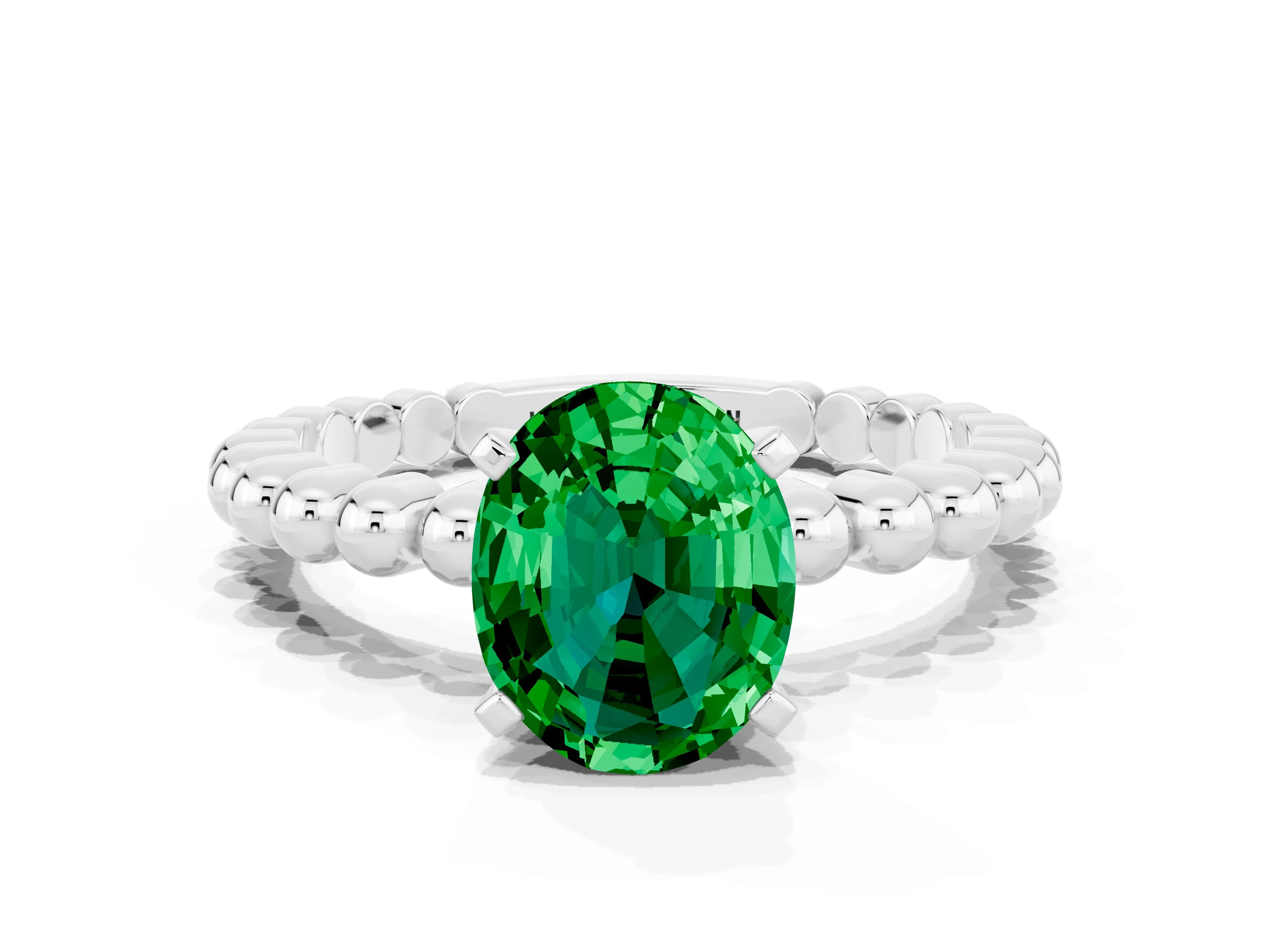 White gold Oval Cut Emerald Solitaire Ring with Beaded Band and Prong Setting