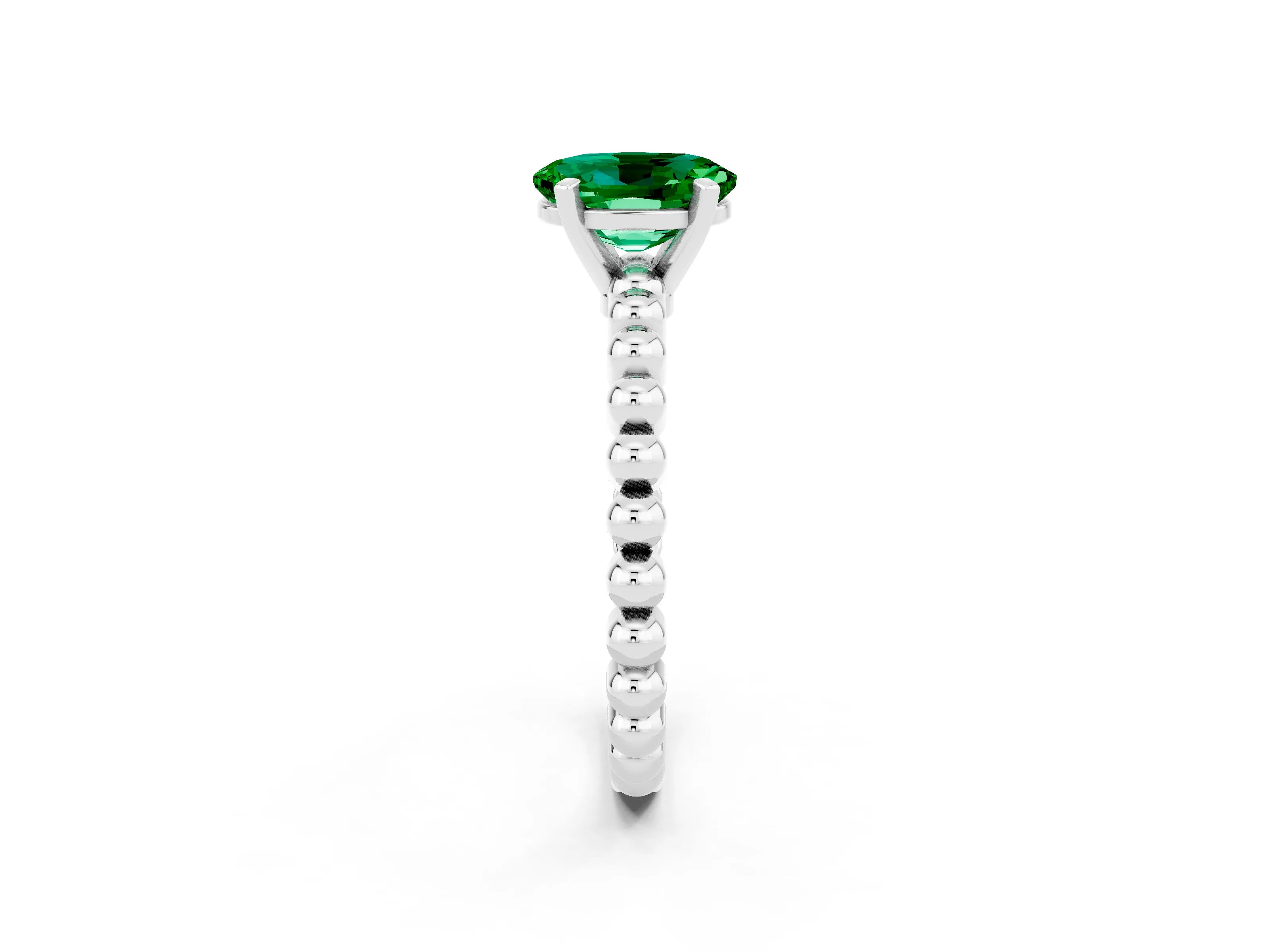 White gold Oval Cut Emerald Solitaire Ring with Beaded Band and Prong Setting_14