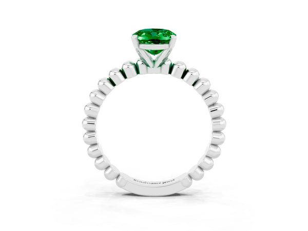 White gold Oval Cut Emerald Solitaire Ring with Beaded Band and Prong Setting