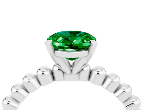 White gold Oval Cut Emerald Solitaire Ring with Beaded Band and Prong Setting_16