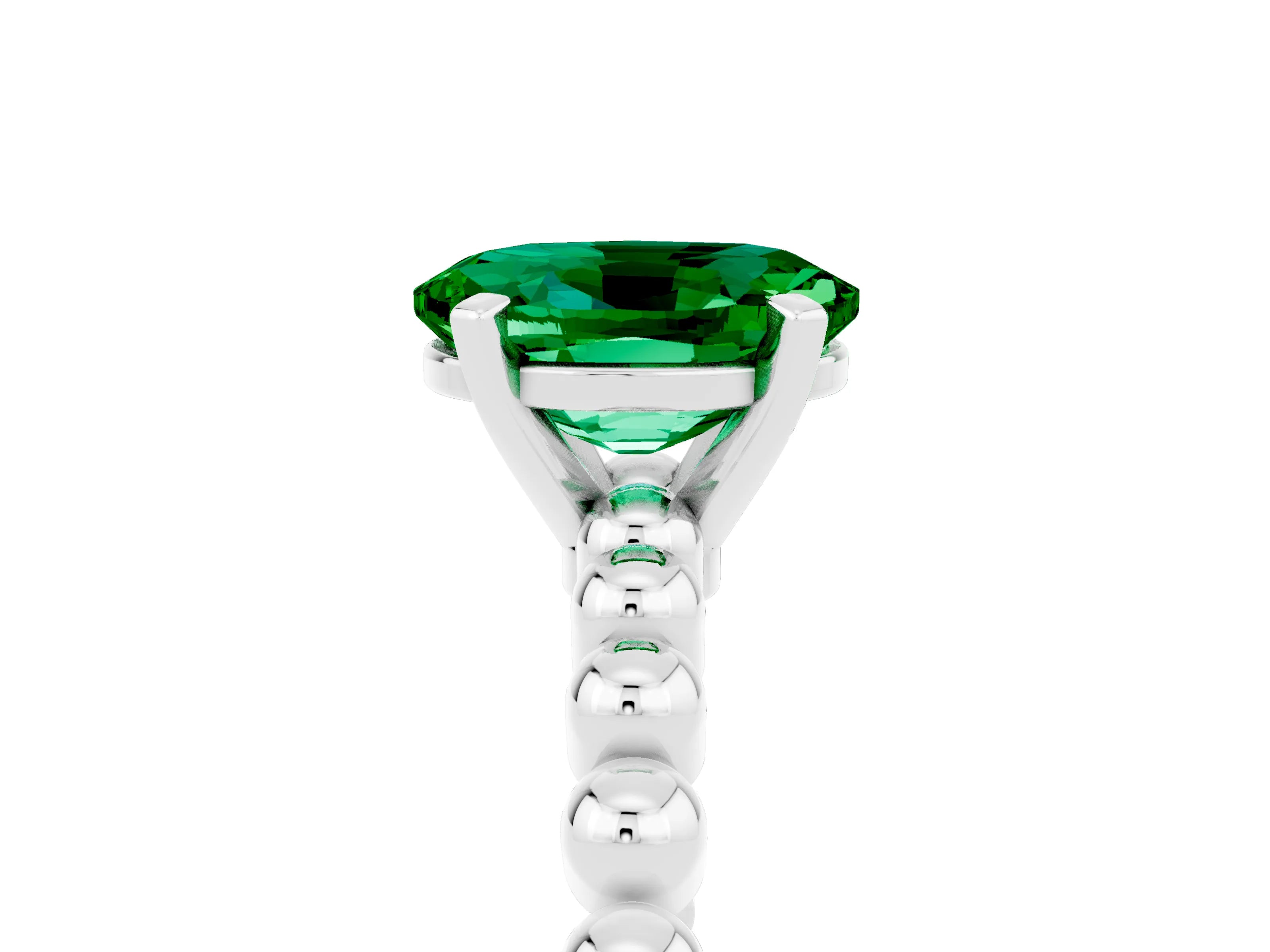 White gold Oval Cut Emerald Solitaire Ring with Beaded Band and Prong Setting_17