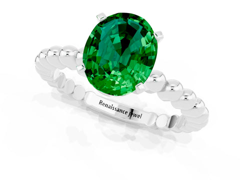 White gold Oval Cut Emerald Solitaire Ring with Beaded Band and Prong Setting_1