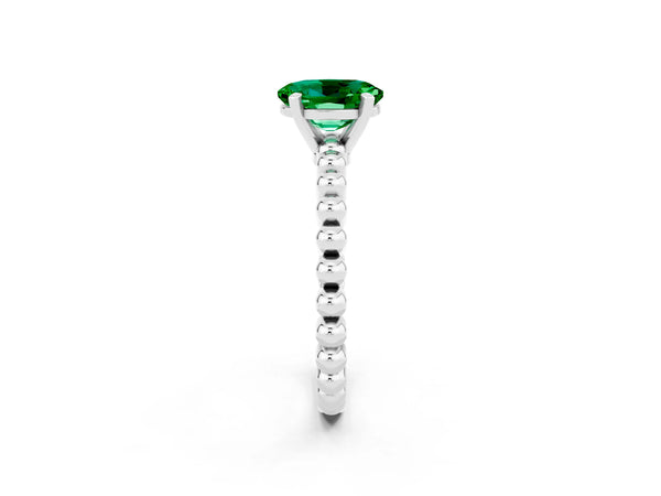Silver Oval Cut Emerald Solitaire Ring with Beaded Band and Prong Setting