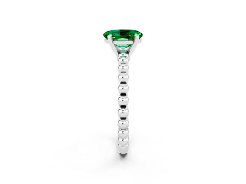 White gold Oval Cut Emerald Solitaire Ring with Beaded Band and Prong Setting_2