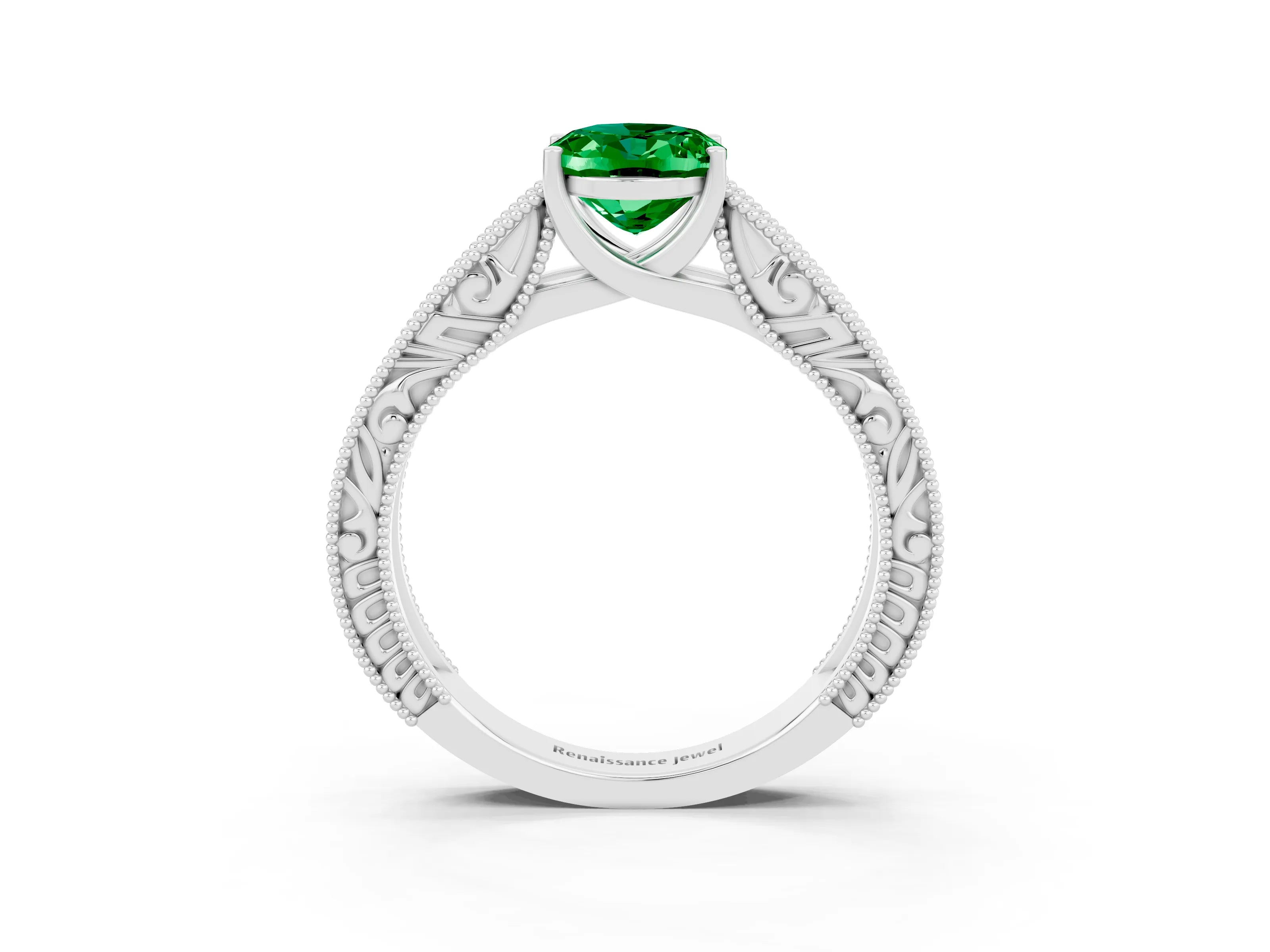 White gold Oval Cut Emerald Solitaire Ring with Engraved Band and Four-Prong Setting_3
