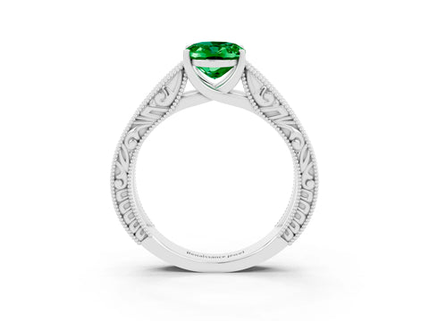 White gold Oval Cut Emerald Solitaire Ring with Engraved Band and Four-Prong Setting_3