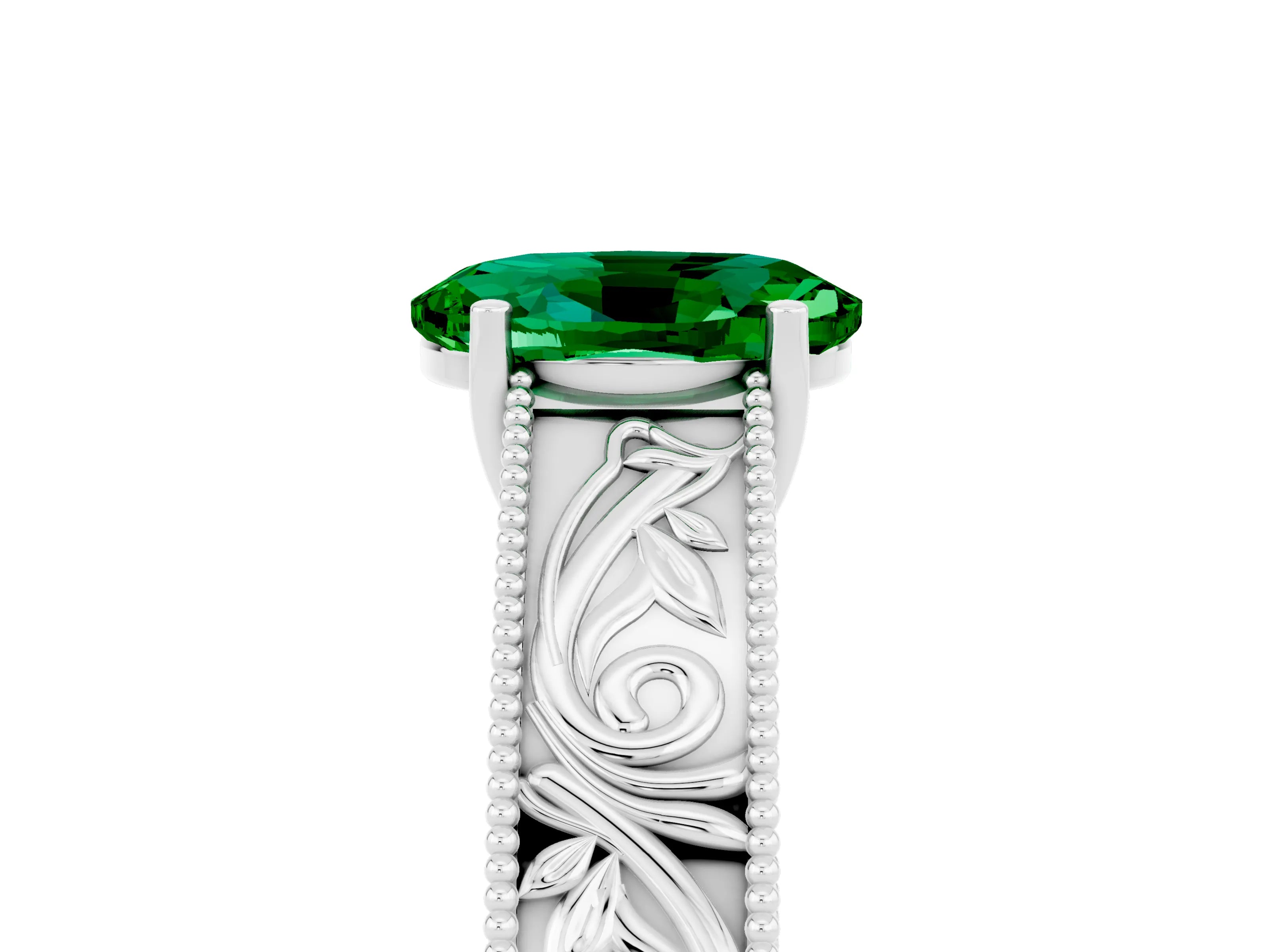 White gold Oval Cut Emerald Solitaire Ring with Engraved Band and Four-Prong Setting_5