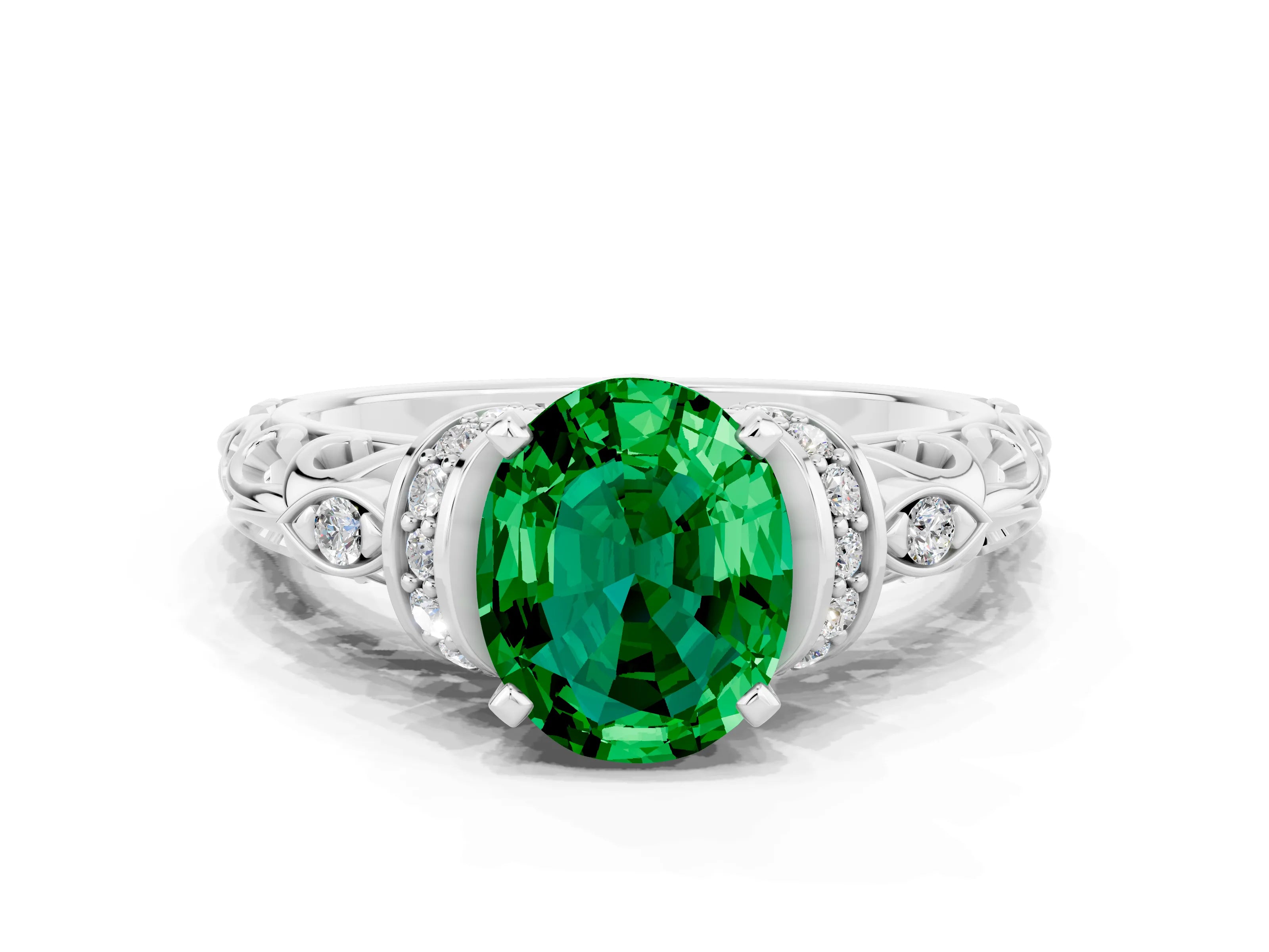 White gold Oval Cut Emerald Solitaire Ring with Filigree Band and Four-Prong Setting_36