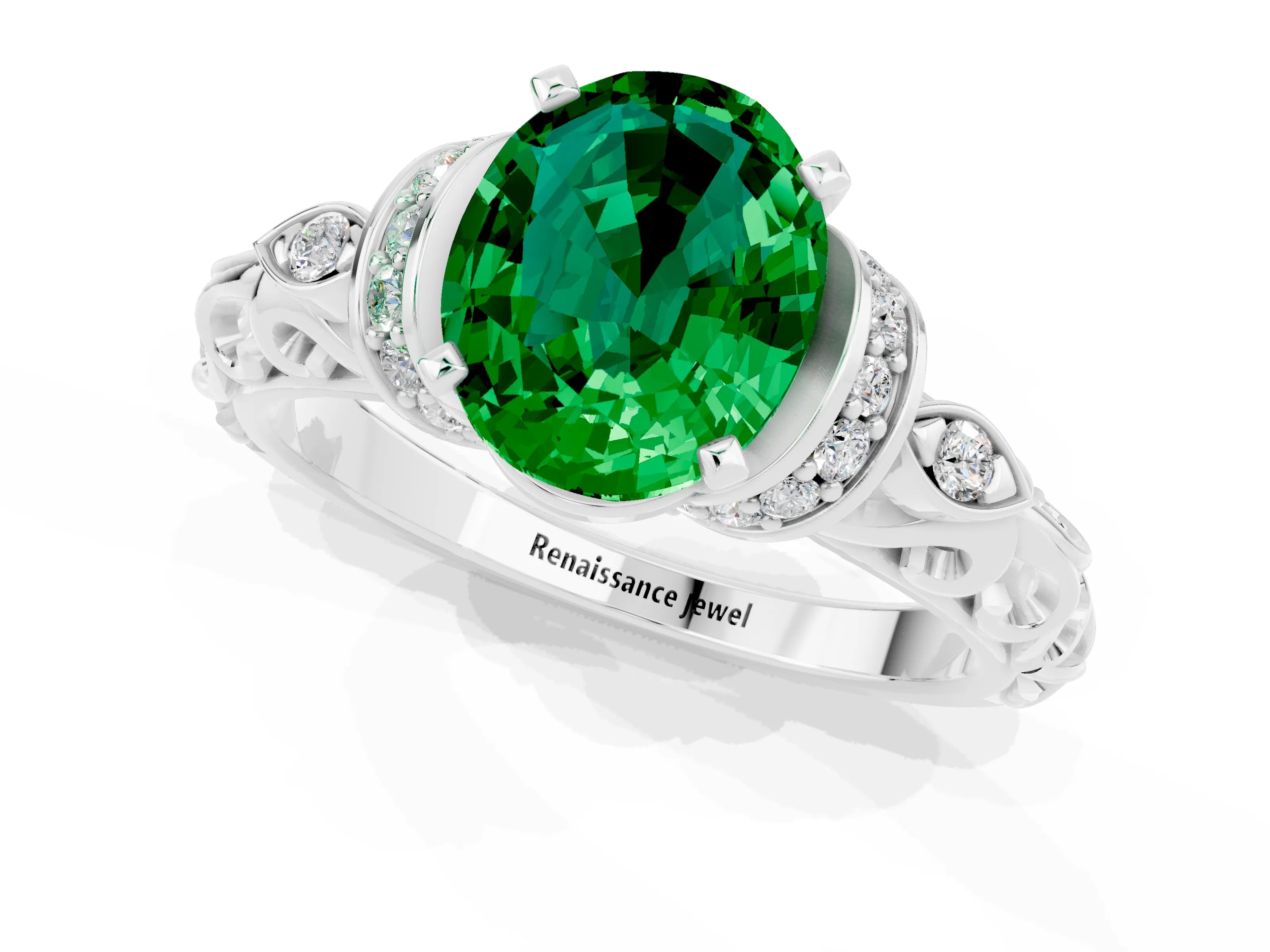 White gold Oval Cut Emerald Solitaire Ring with Filigree Band and Four-Prong Setting_37