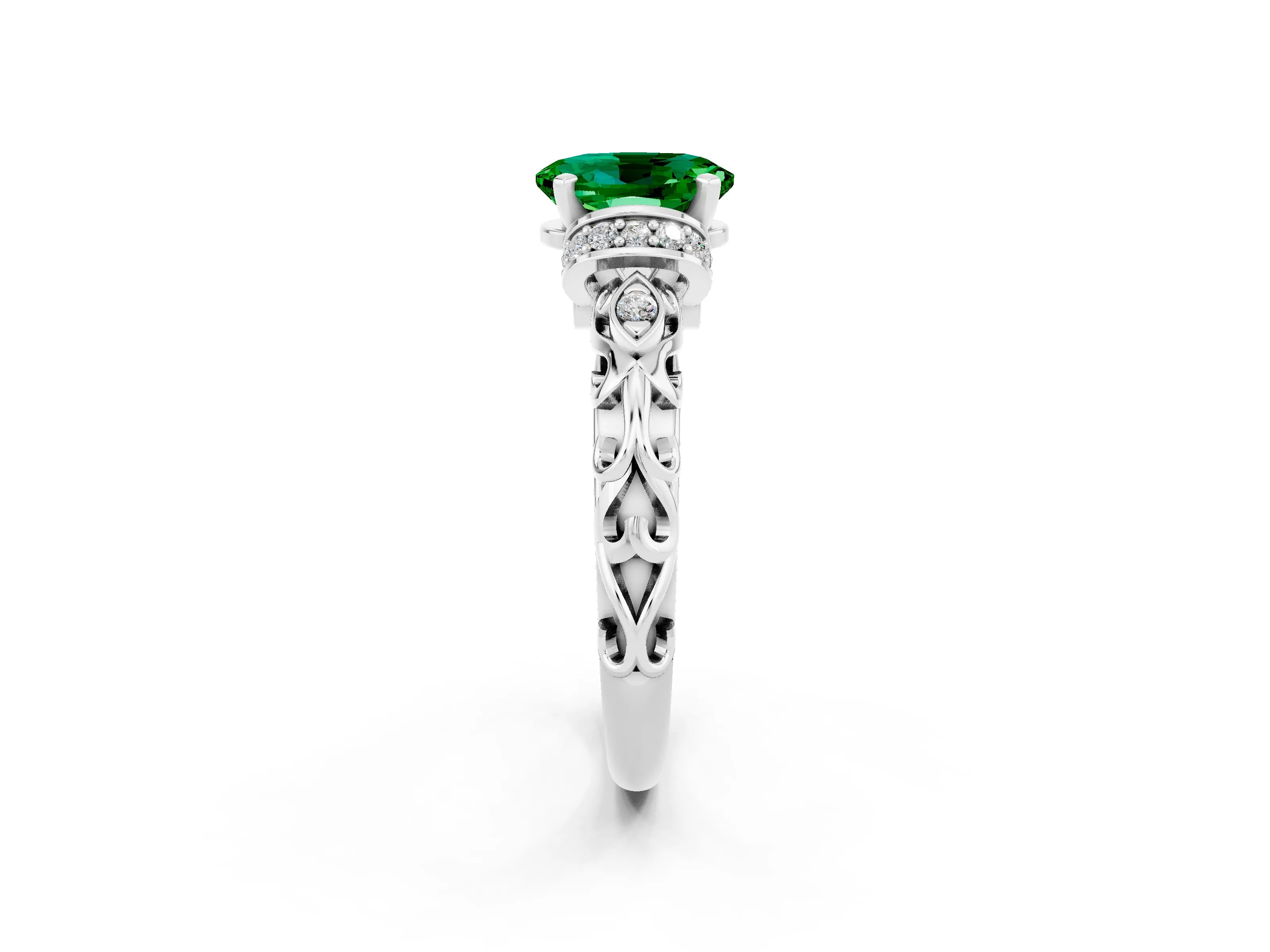 White gold Oval Cut Emerald Solitaire Ring with Filigree Band and Four-Prong Setting_38
