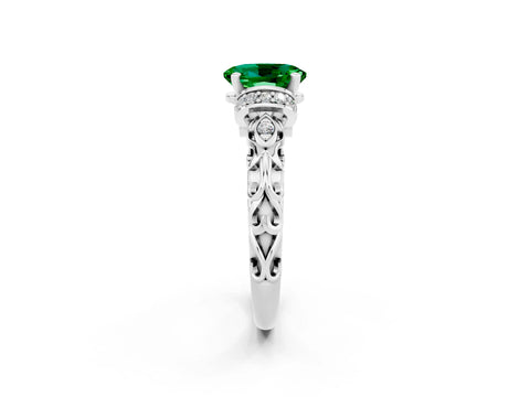 White gold Oval Cut Emerald Solitaire Ring with Filigree Band and Four-Prong Setting_38