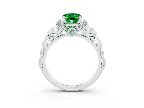 White gold Oval Cut Emerald Solitaire Ring with Filigree Band and Four-Prong Setting_39