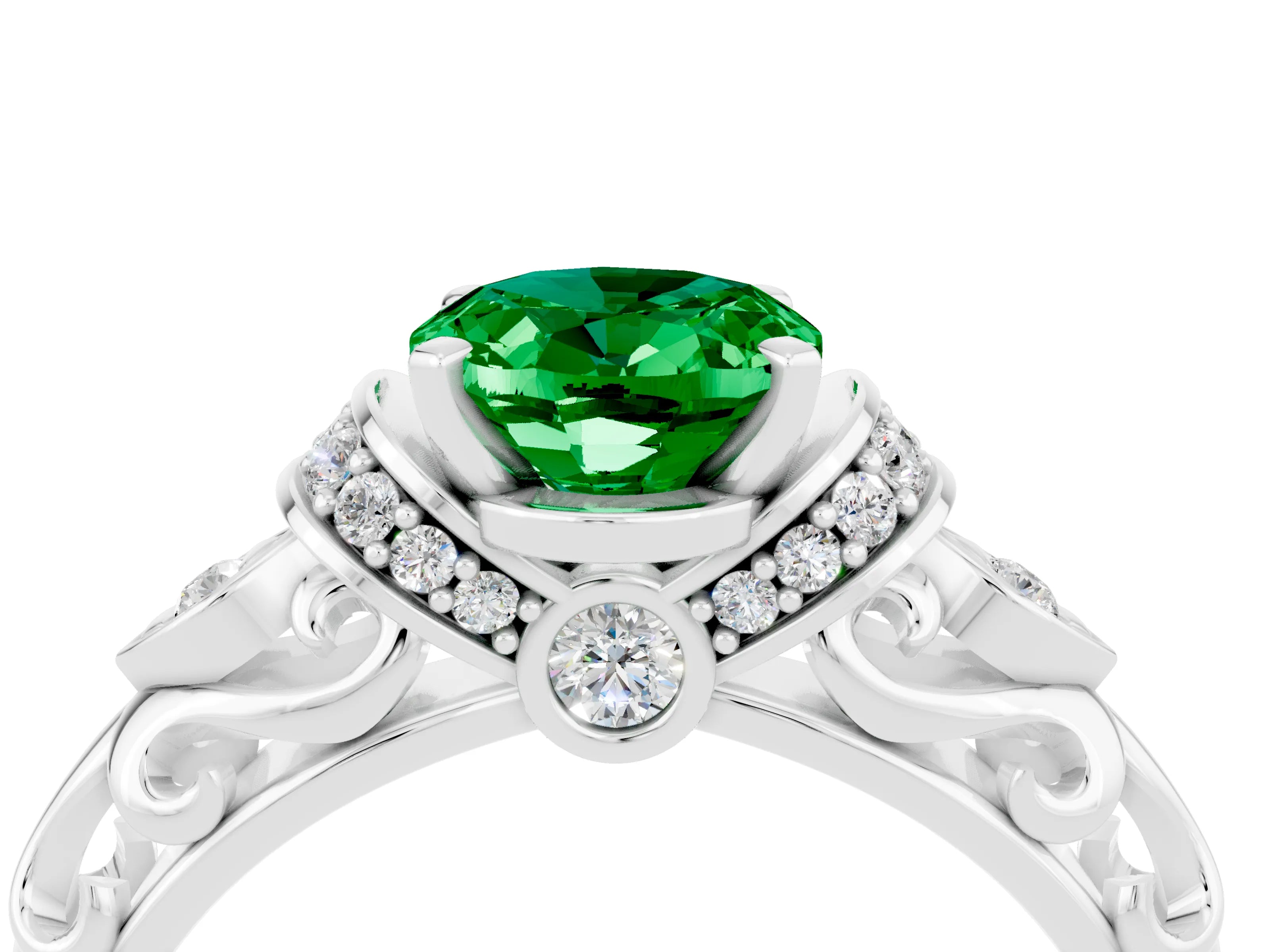 White gold Oval Cut Emerald Solitaire Ring with Filigree Band and Four-Prong Setting_40