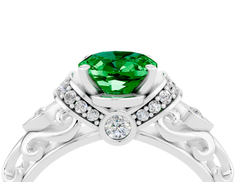 White gold Oval Cut Emerald Solitaire Ring with Filigree Band and Four-Prong Setting_40