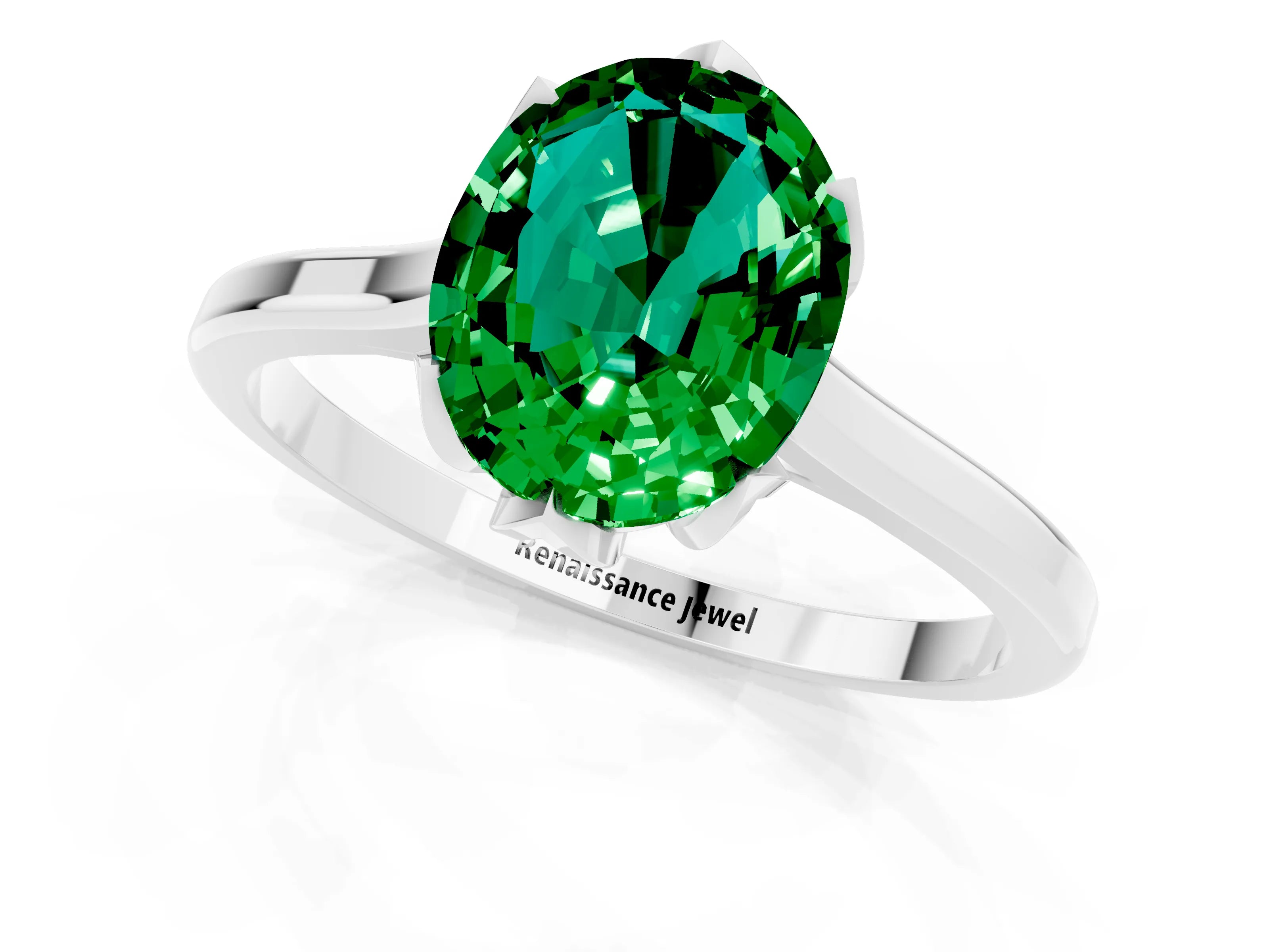 White gold Oval Cut Emerald Solitaire Ring with Flower Prong Setting and Classic Band_13