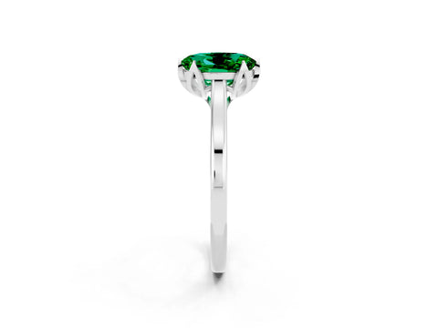 White gold Oval Cut Emerald Solitaire Ring with Flower Prong Setting and Classic Band_14