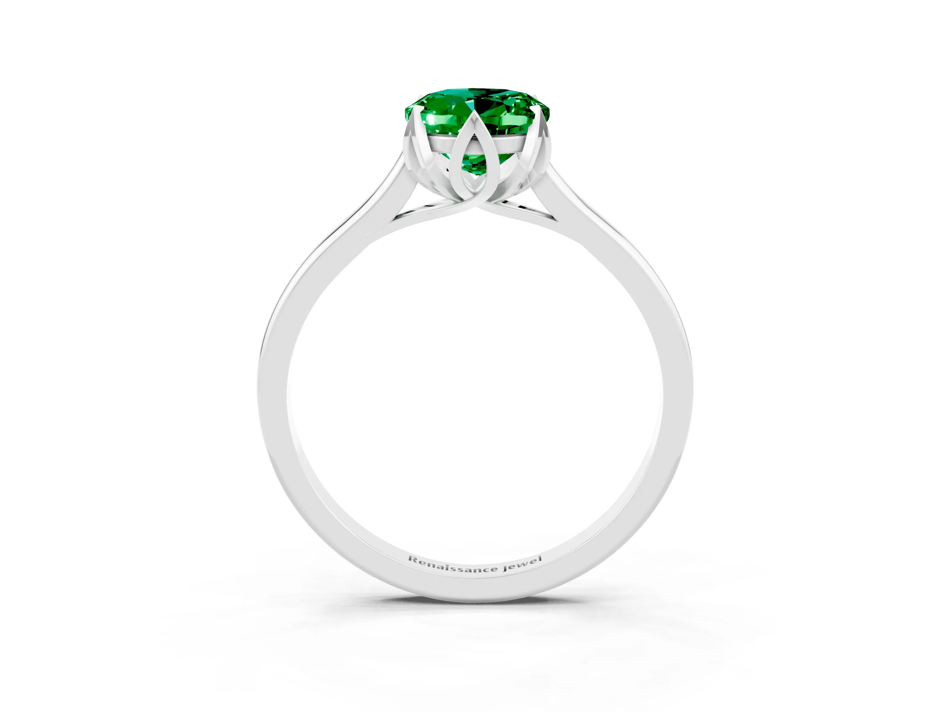 White gold Oval Cut Emerald Solitaire Ring with Flower Prong Setting and Classic Band_15
