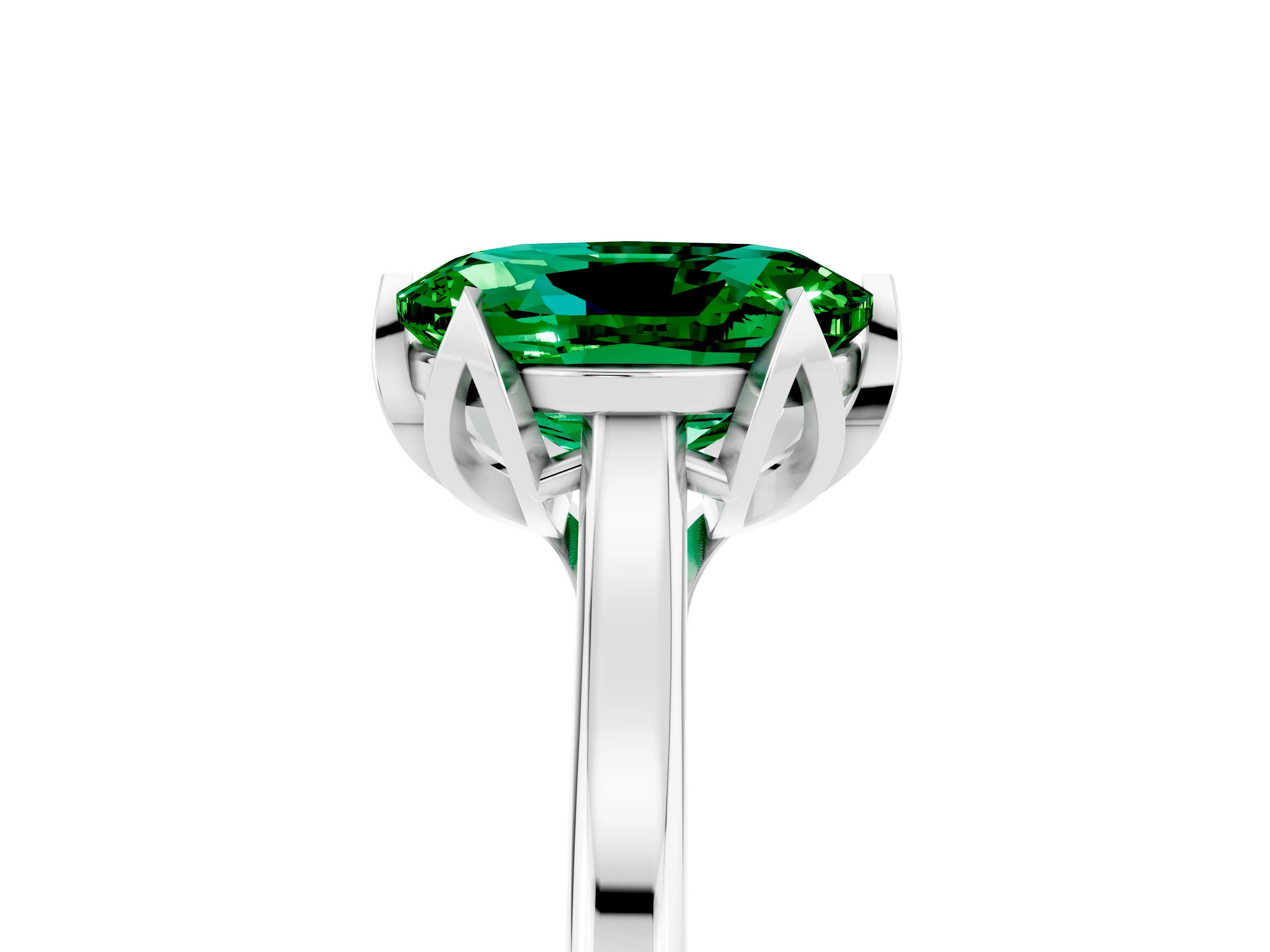 White gold Oval Cut Emerald Solitaire Ring with Flower Prong Setting and Classic Band_17