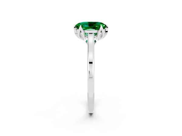 Silver Oval Cut Emerald Solitaire Ring with Flower Prong Setting and Classic Band
