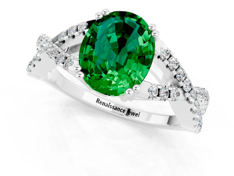 White gold Oval Cut Emerald Solitaire Ring with Four-Prong Setting and Twisted Pavé Band_1