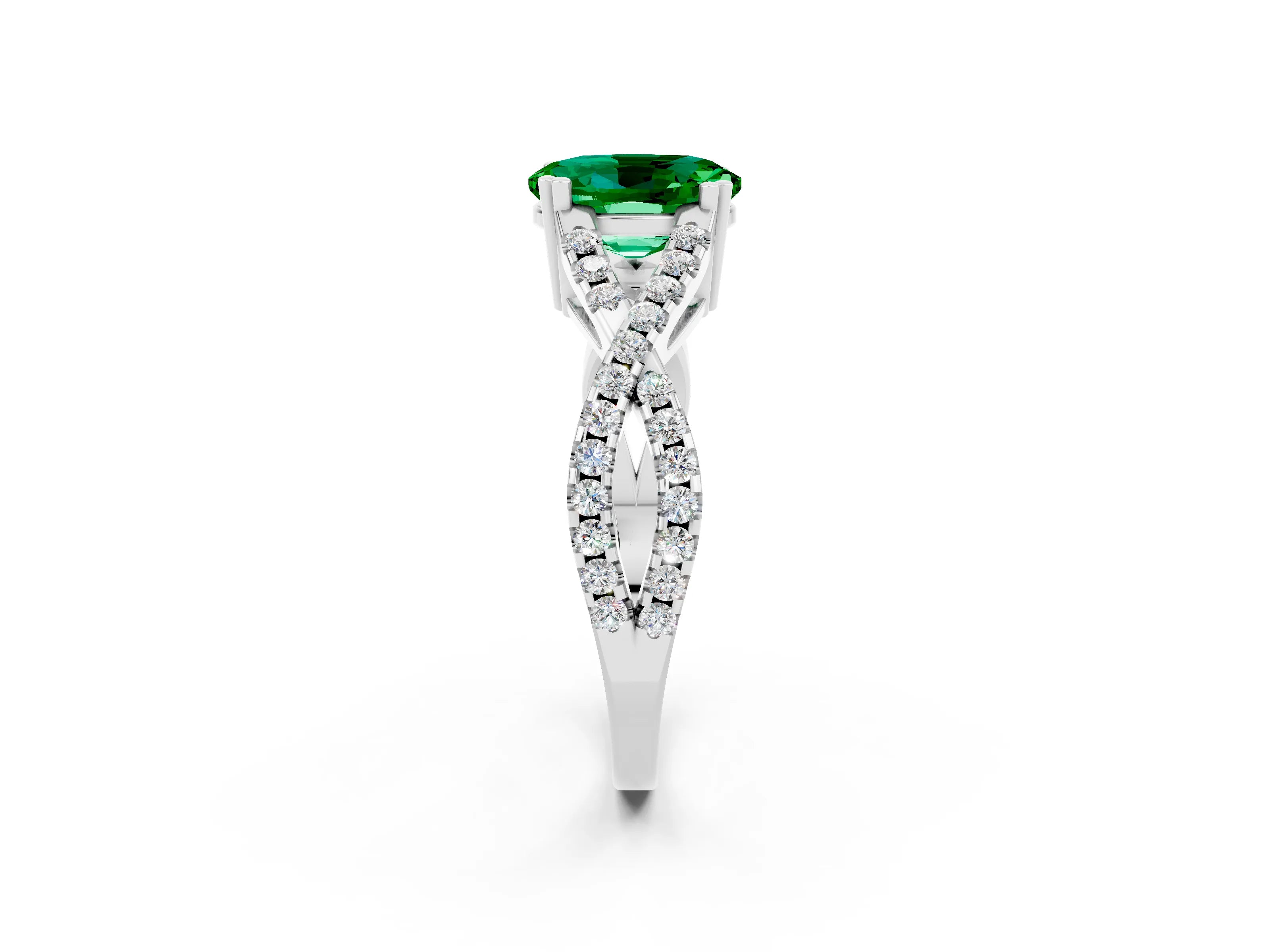 White gold Oval Cut Emerald Solitaire Ring with Four-Prong Setting and Twisted Pavé Band_2