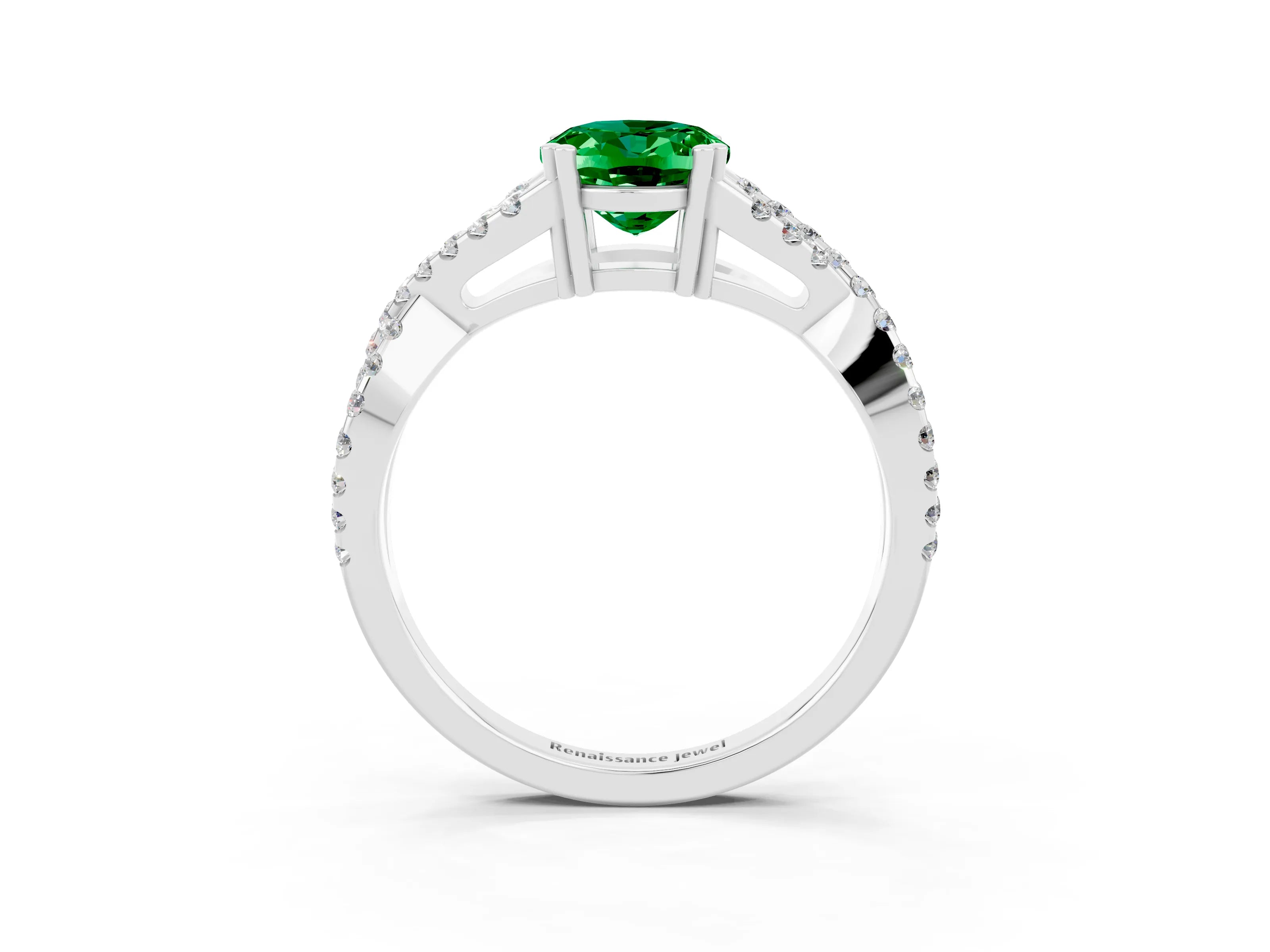 White gold Oval Cut Emerald Solitaire Ring with Four-Prong Setting and Twisted Pavé Band_3