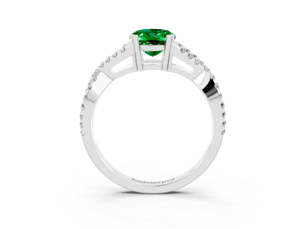 Platinum Oval Cut Emerald Solitaire Ring with Four-Prong Setting and Twisted Pavé Band