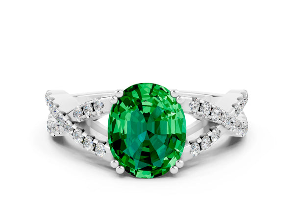 Silver Oval Cut Emerald Solitaire Ring with Four-Prong Setting and Twisted Pavé Band