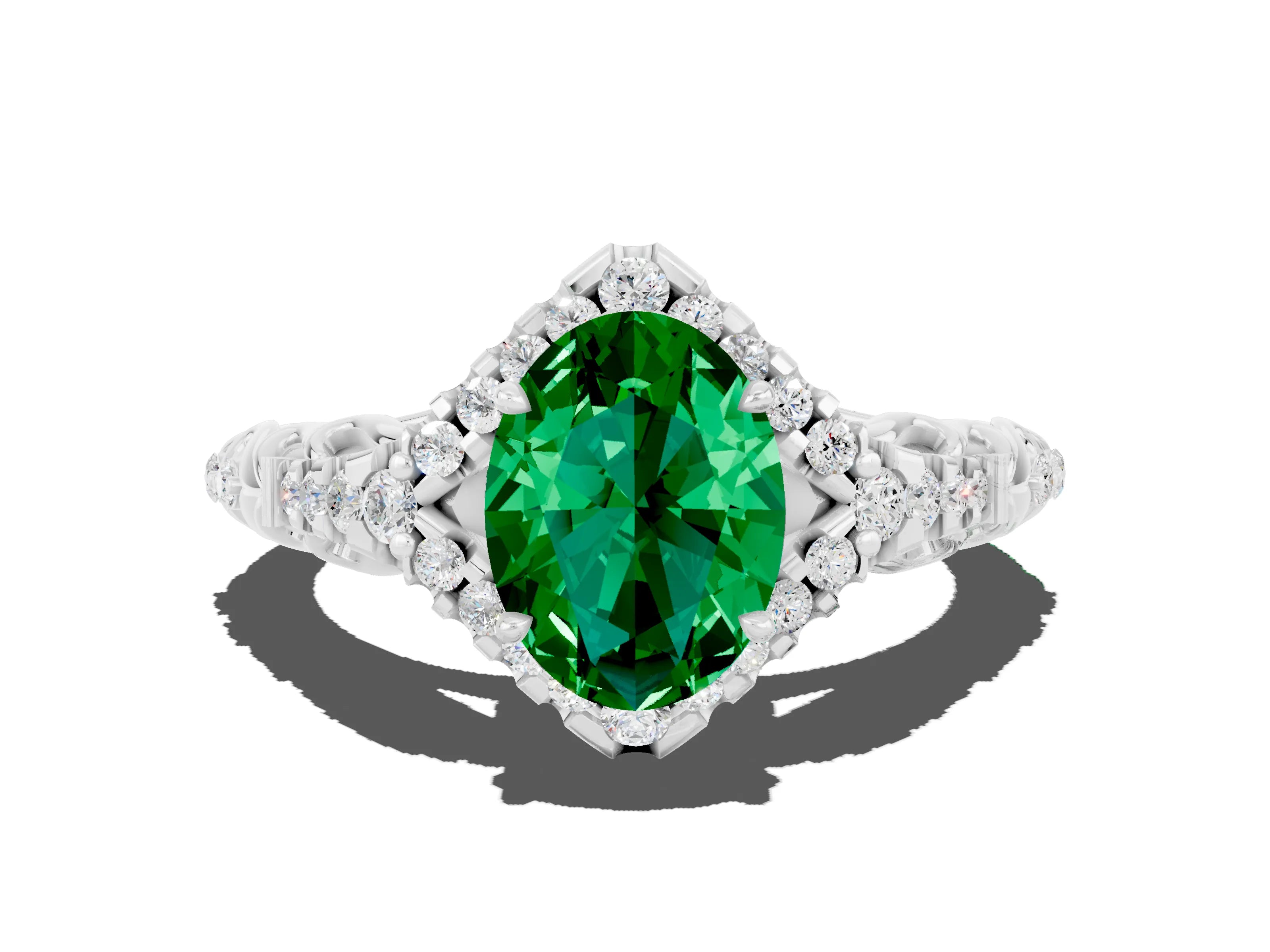 White gold Oval Cut Emerald Solitaire Ring with Hidden Halo and Pavé Band_12