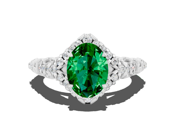 White gold Oval Cut Emerald Solitaire Ring with Hidden Halo and Pavé Band