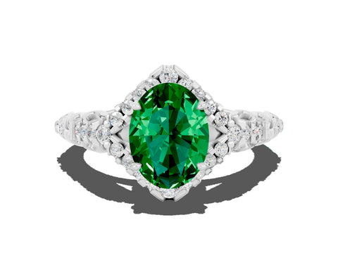 White gold Oval Cut Emerald Solitaire Ring with Hidden Halo and Pavé Band_12