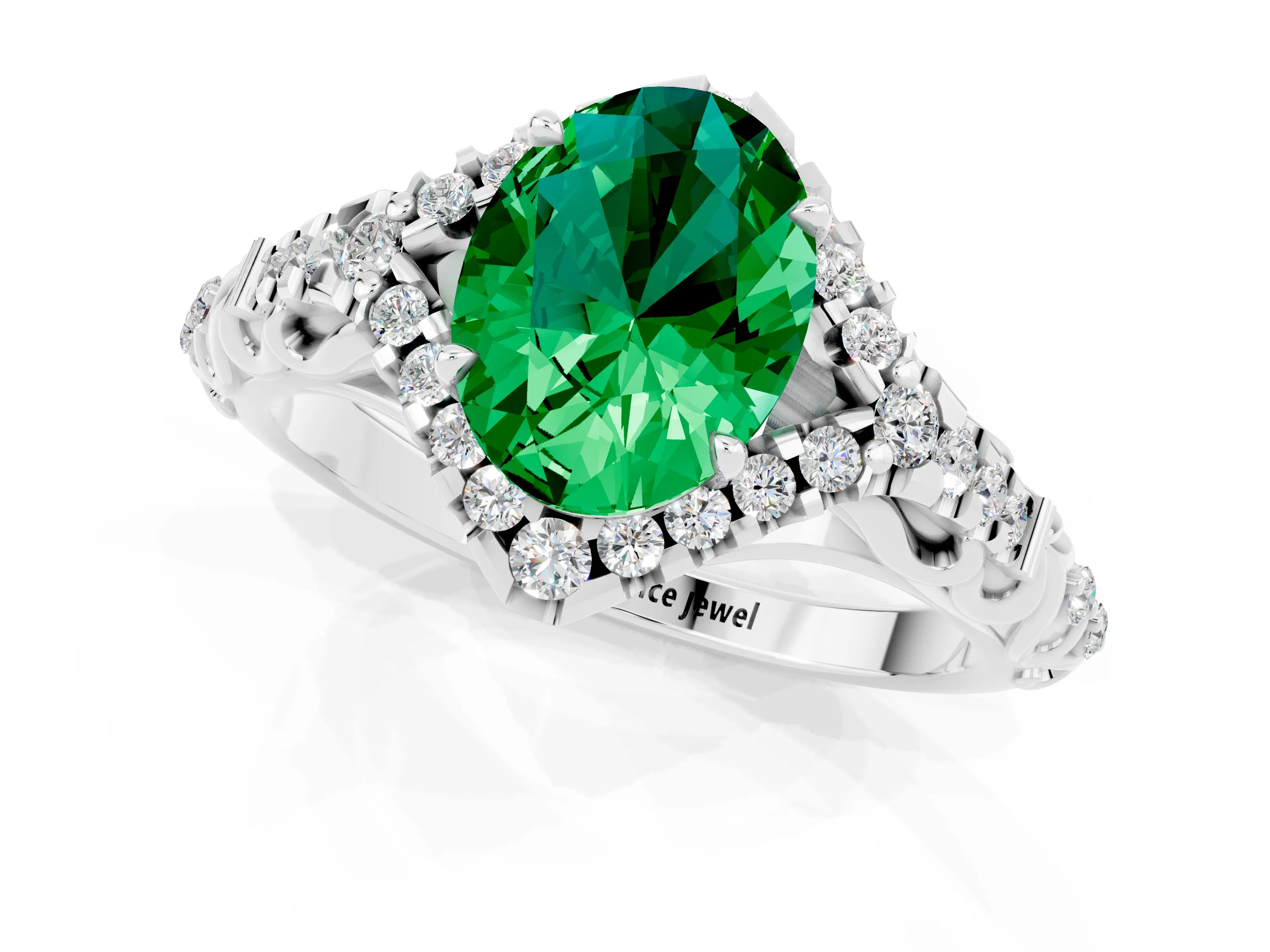 White gold Oval Cut Emerald Solitaire Ring with Hidden Halo and Pavé Band_13