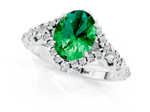 White gold Oval Cut Emerald Solitaire Ring with Hidden Halo and Pavé Band
