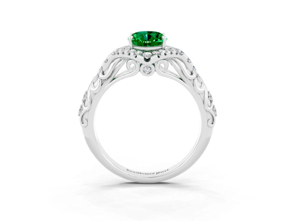 Platinum Oval Cut Emerald Solitaire Ring with Hidden Halo and Pavé Band