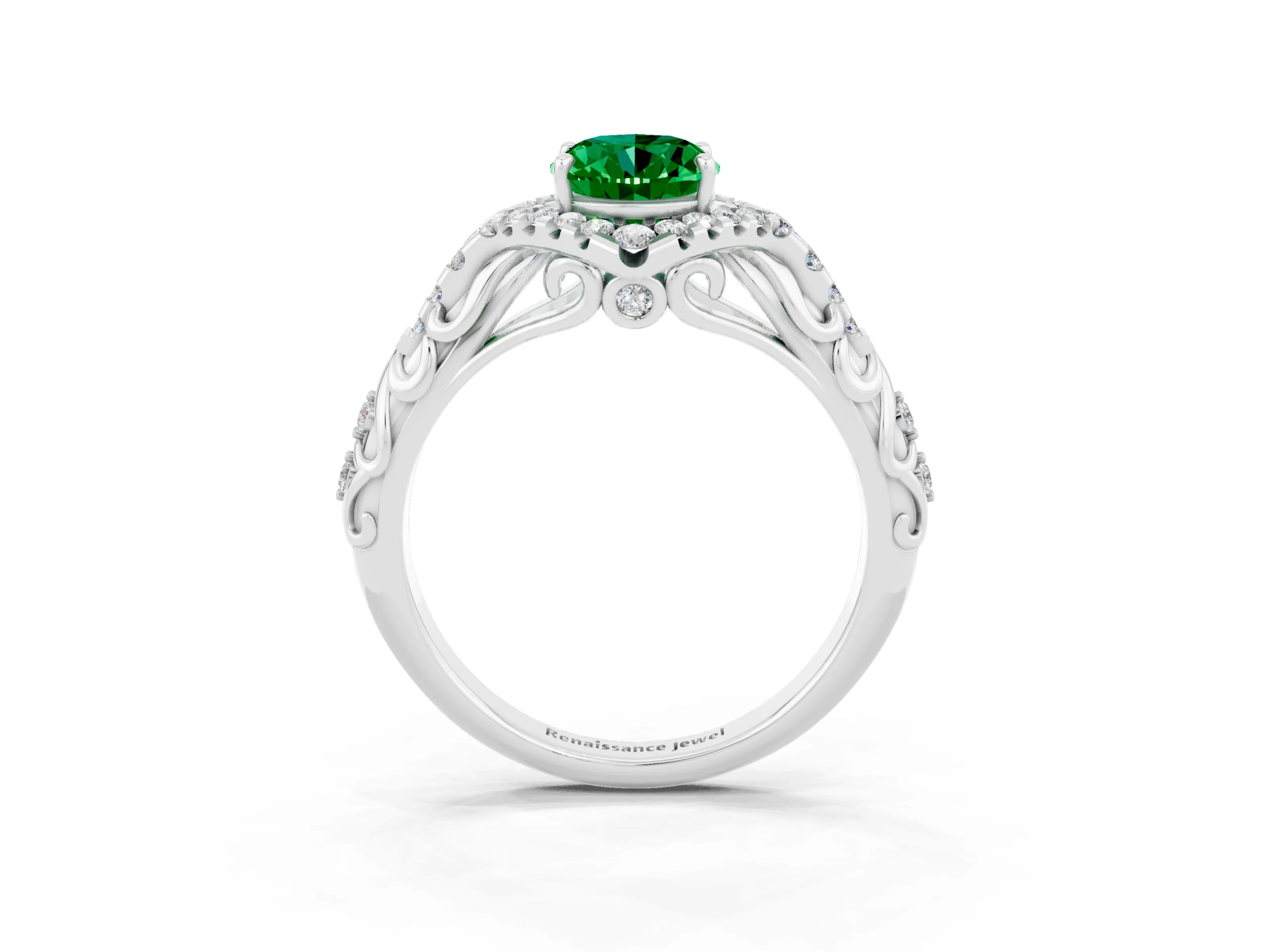 White gold Oval Cut Emerald Solitaire Ring with Hidden Halo and Pavé Band_15